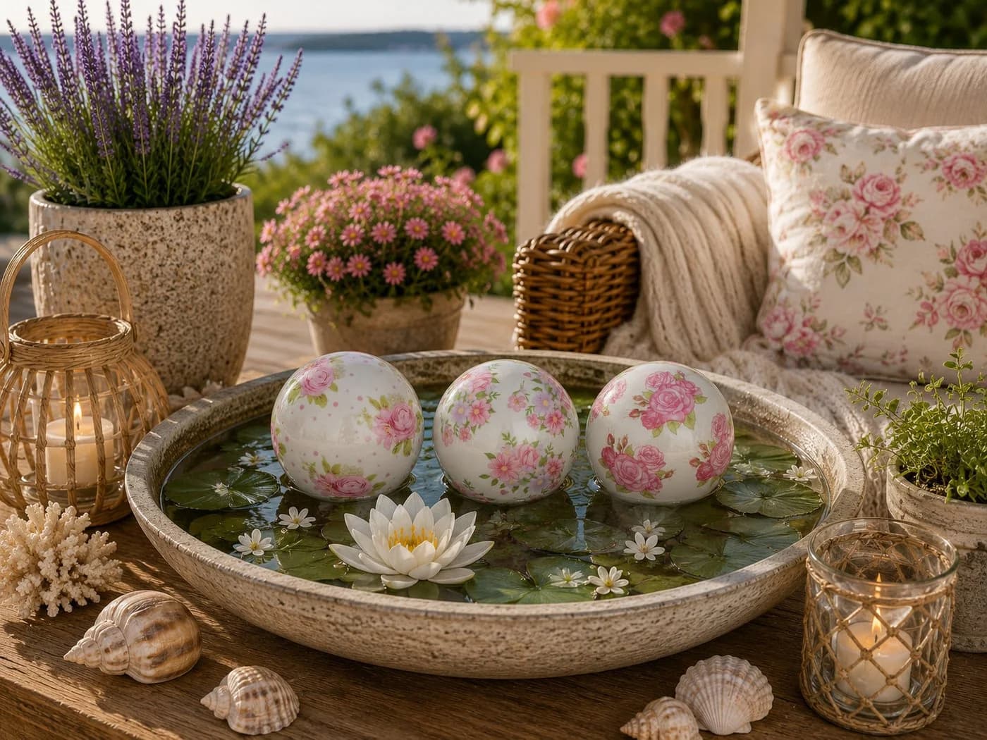 finehomegarden Schwimmkugel 3er Set Porzellan weiß/rosa Blüten - Bild 4