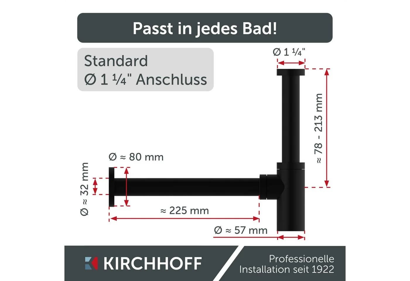 Kirchhoff Siphon Design Flaschensiphon inkl. Reinigungsöffnung, Röhrengeruchsverschluss für Waschbecken/Waschtische - Bild 4