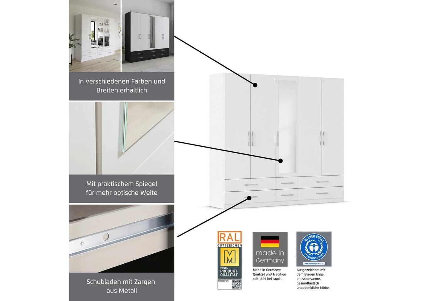 Rauch Hersbruck Kleiderschrank Grau/Weiß mit Spiegeltüren - Bild 5