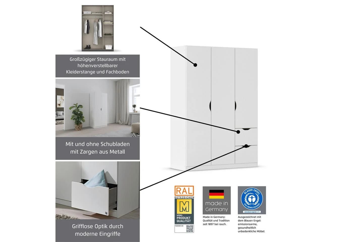 Kleiderschrank RAUCH Freiham Weiß Hochglanz mit Schubkästen - Bild 4