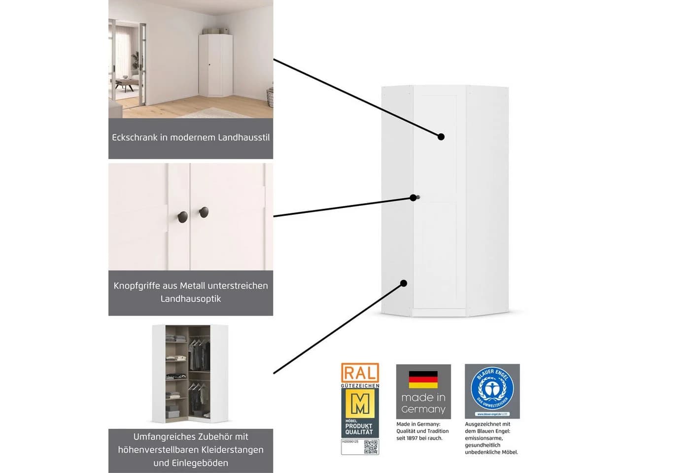 Rauch Eckkleiderschrank YLVA Weiß Skandinavisch - Bild 3