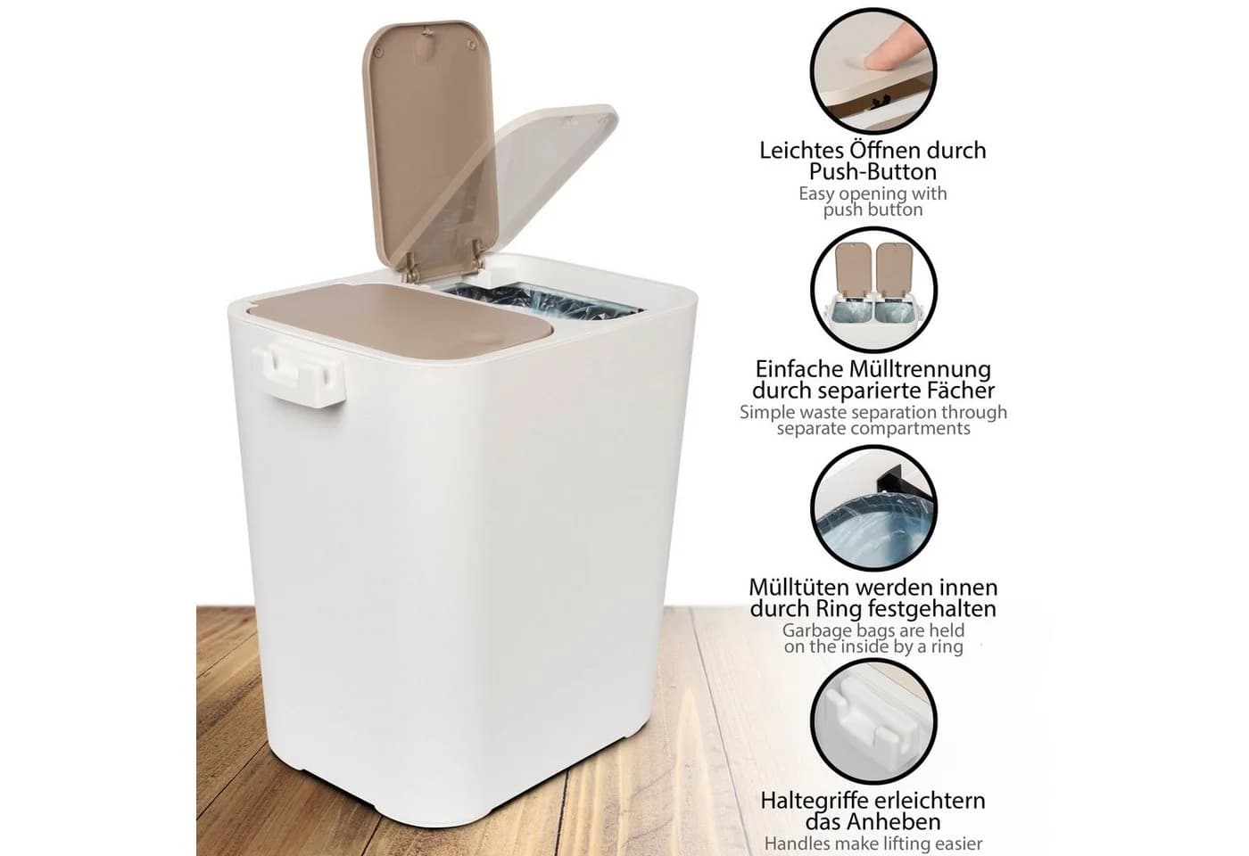 ONVAYA Mülltrennsystem Abfalleimer Ben Beige Mülltrennung mit mehreren Fächern - Bild 3