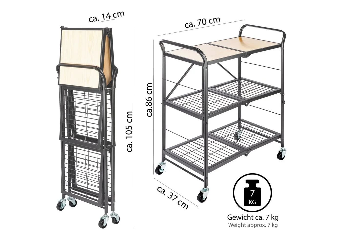 ONVAYA Küchenwagen klappbar Grau mit Rollen