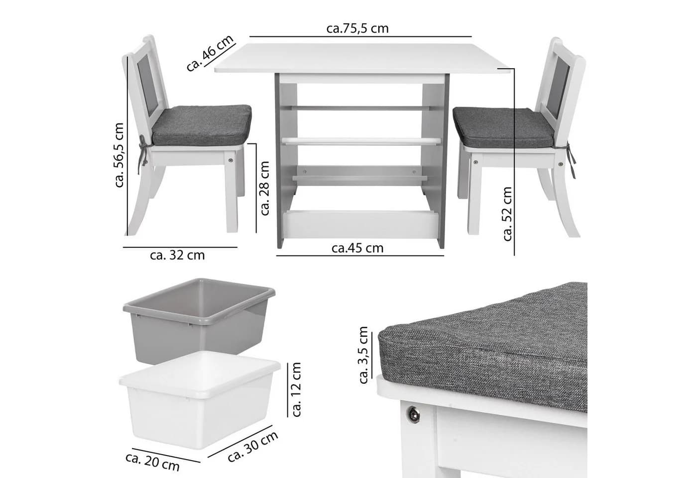 ONVAYA Kindertisch-Set mit Stühlen Grau/Weiß mit Stauraum