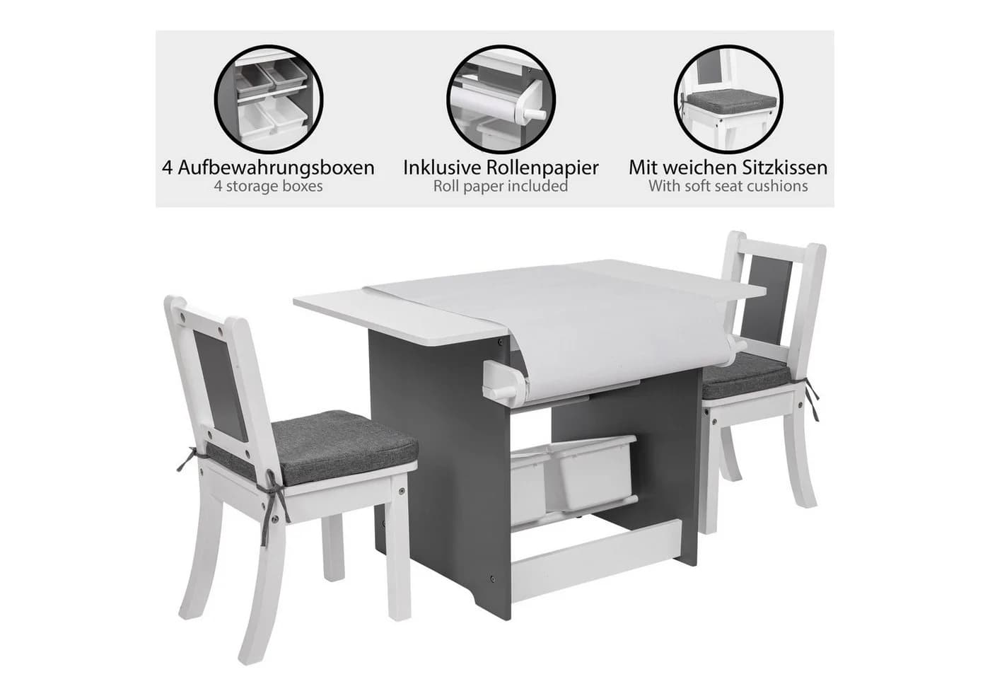 ONVAYA Kindertisch-Set mit Stühlen Grau/Weiß mit Stauraum - Bild 3