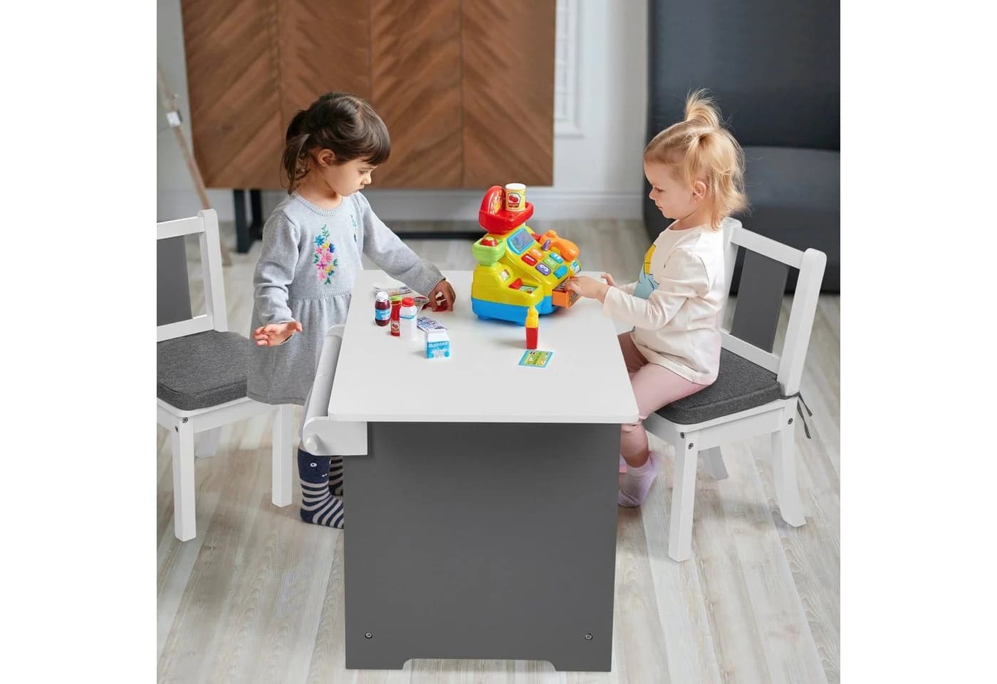 ONVAYA Kindertisch-Set mit Stühlen Grau/Weiß mit Stauraum - Bild 5