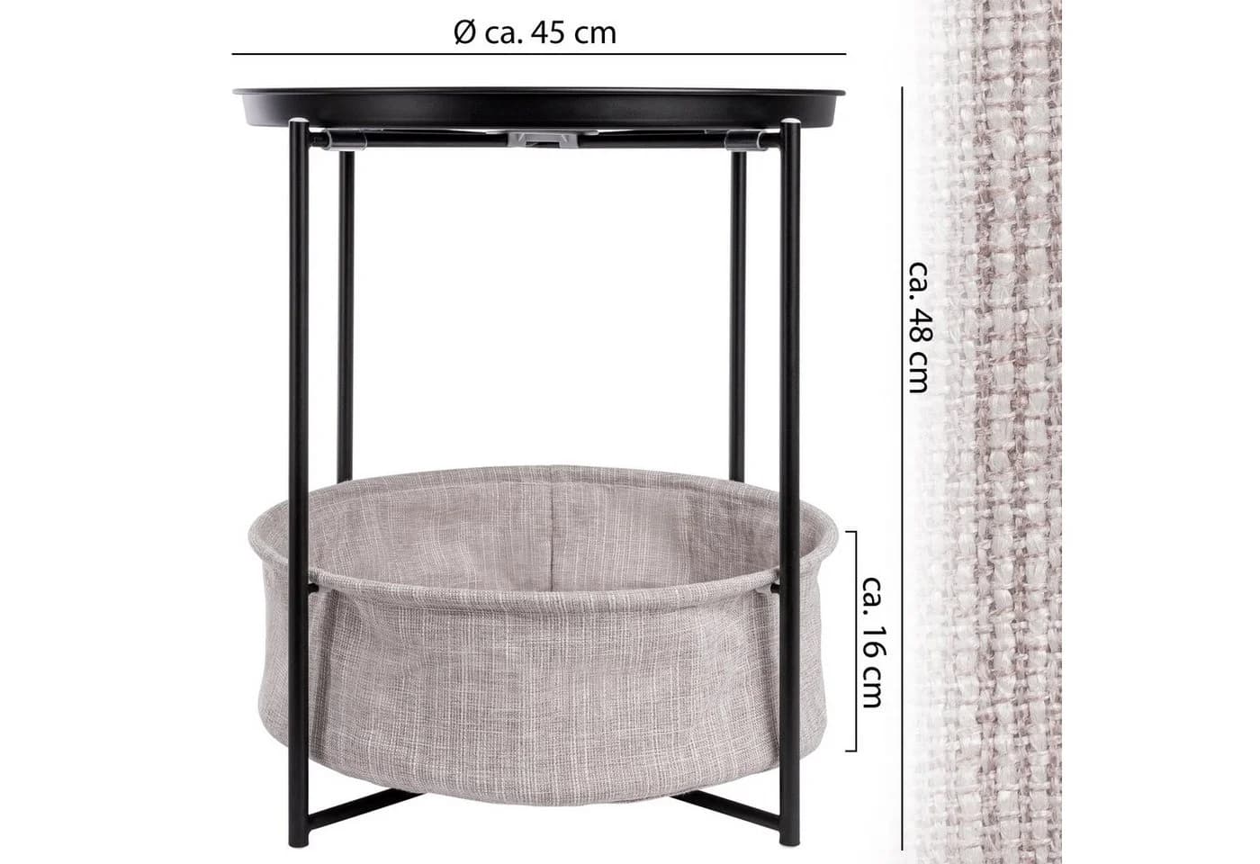 ONVAYA Beistelltisch Linda Rund Schwarz Couchtisch mit Korb & Tablett