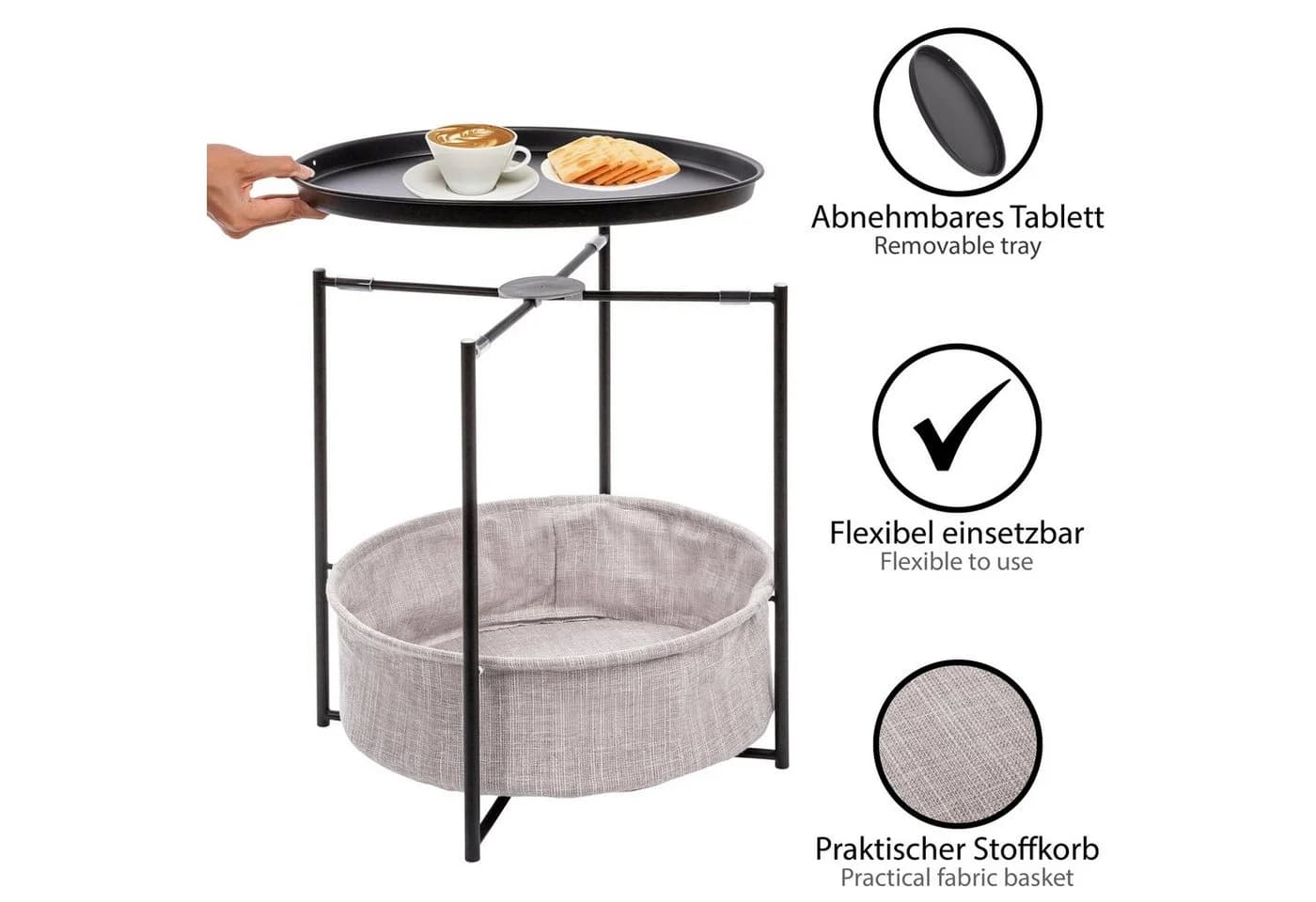 ONVAYA Beistelltisch Linda Rund Schwarz Couchtisch mit Korb & Tablett - Bild 3