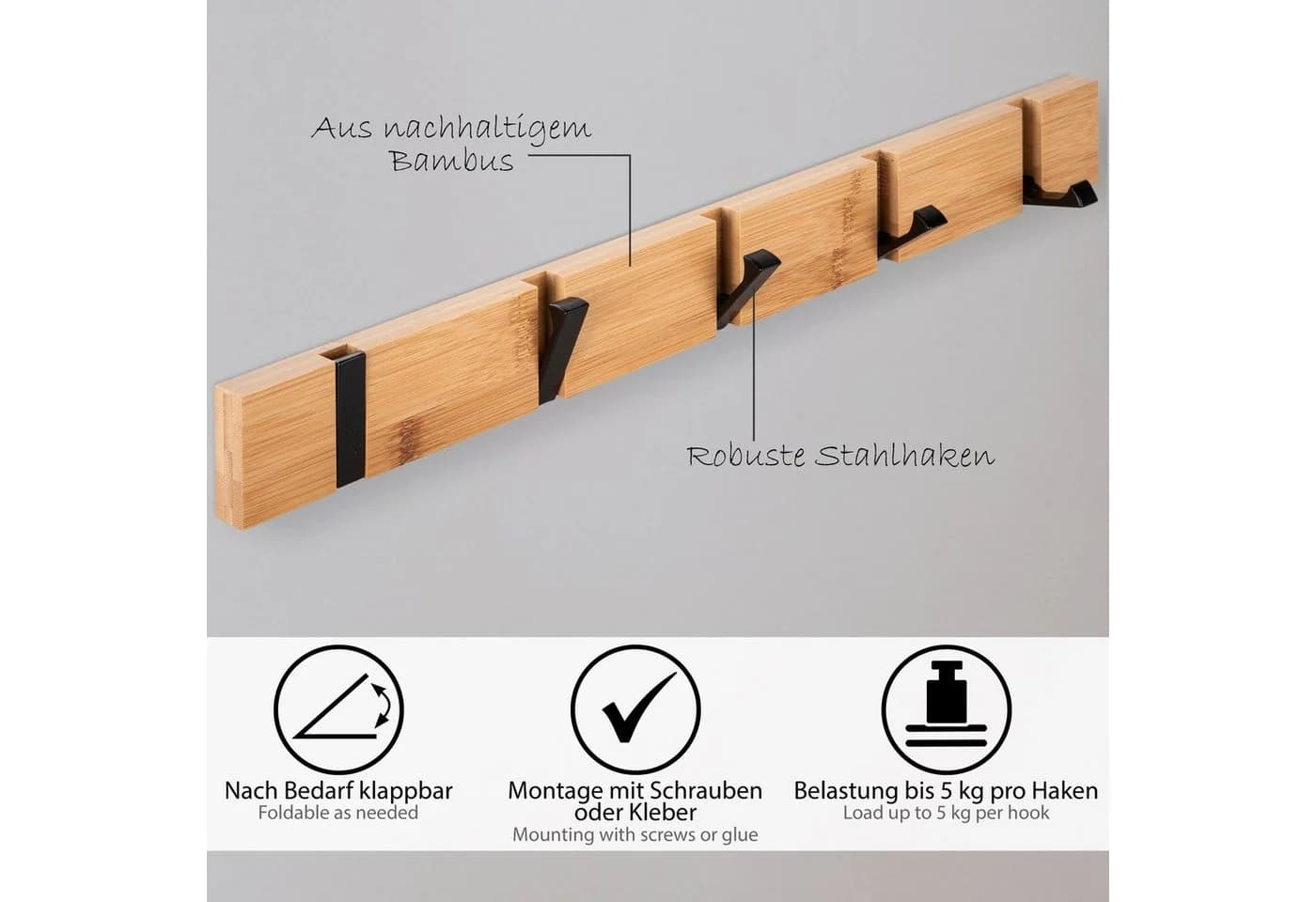 ONVAYA Wandgarderobe Bambus mit klappbaren Haken Modern - Bild 3