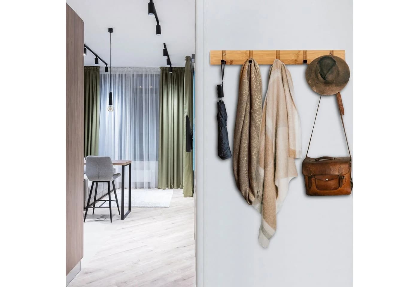 ONVAYA Wandgarderobe Bambus mit klappbaren Haken Modern - Bild 4