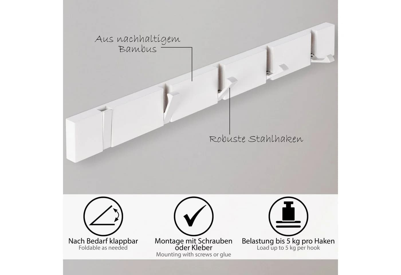 ONVAYA Wandgarderobe Bambus Weiß mit klappbaren Haken - Bild 3