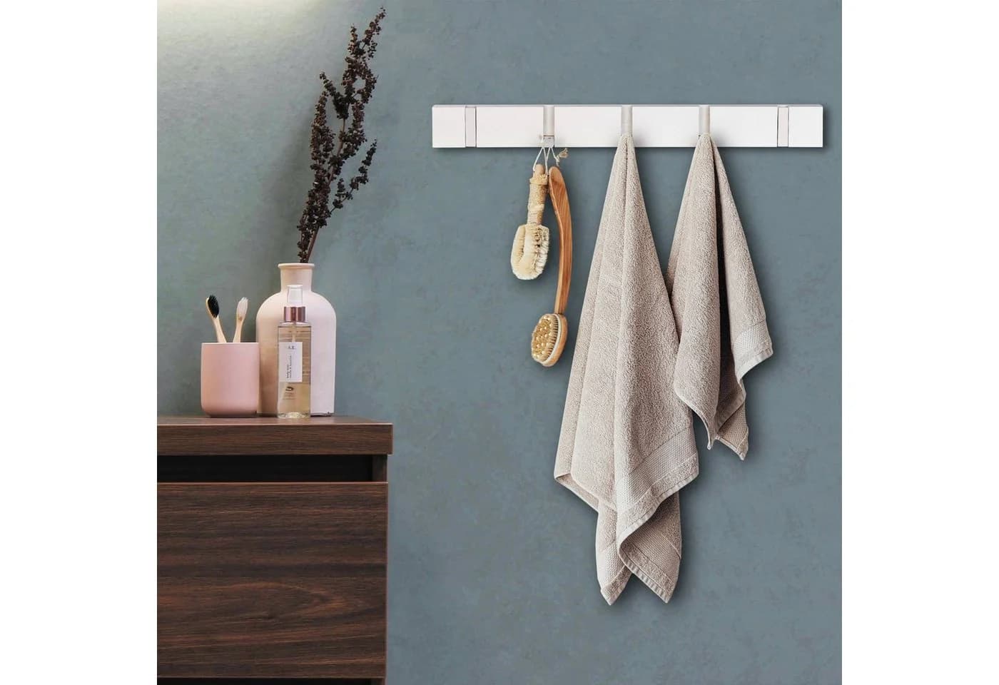 ONVAYA Wandgarderobe Bambus Weiß mit klappbaren Haken - Bild 5
