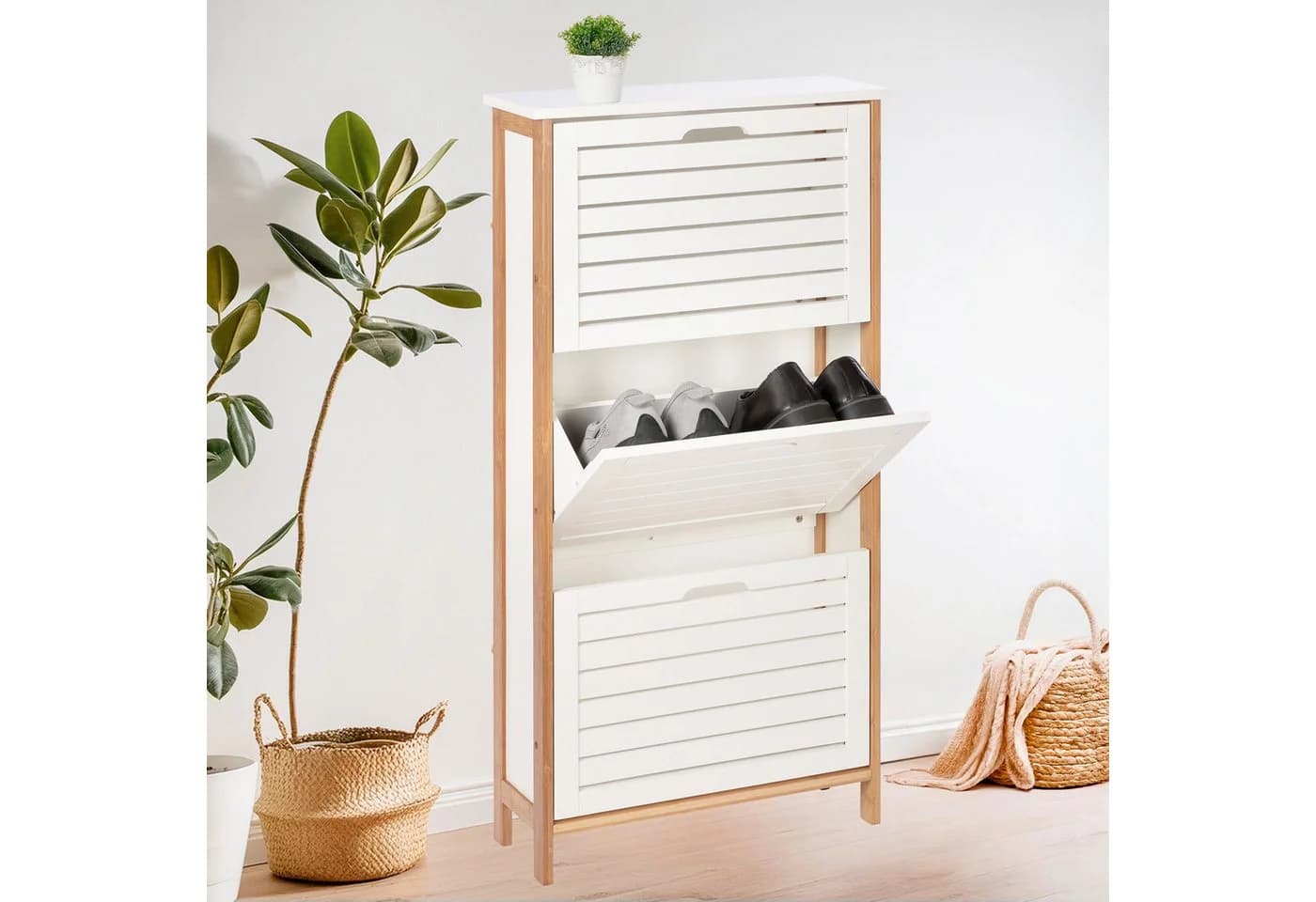 ONVAYA Schuhschrank Bambus Schuhkipper Weiß mit 3 Klappen - Bild 2