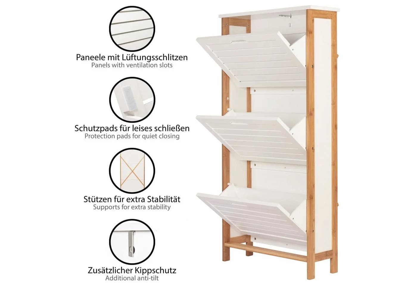 ONVAYA Schuhschrank Bambus Schuhkipper Weiß mit 3 Klappen - Bild 3