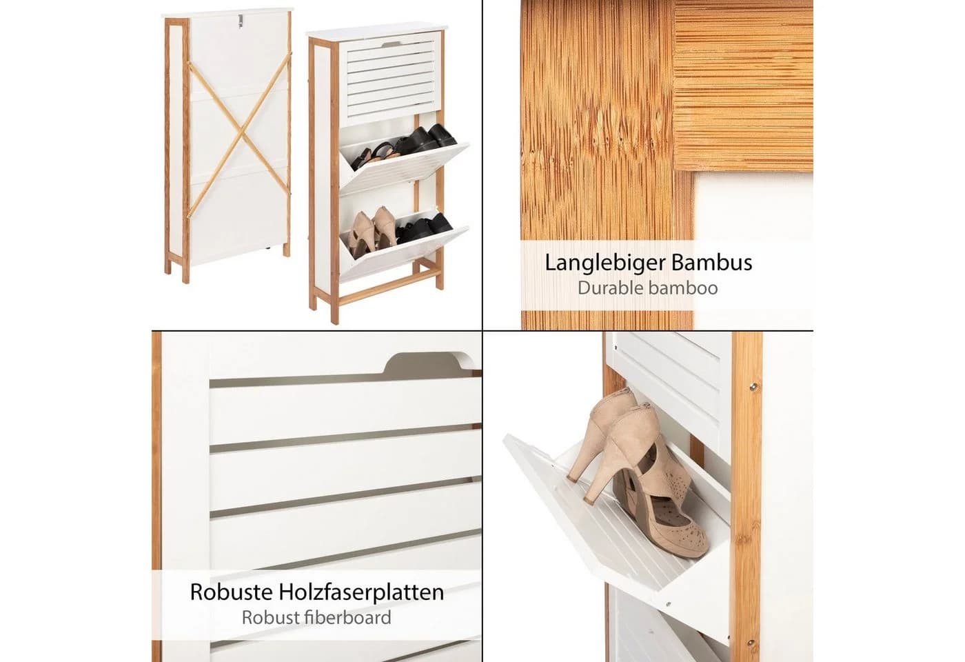 ONVAYA Schuhschrank Bambus Schuhkipper Weiß mit 3 Klappen - Bild 4