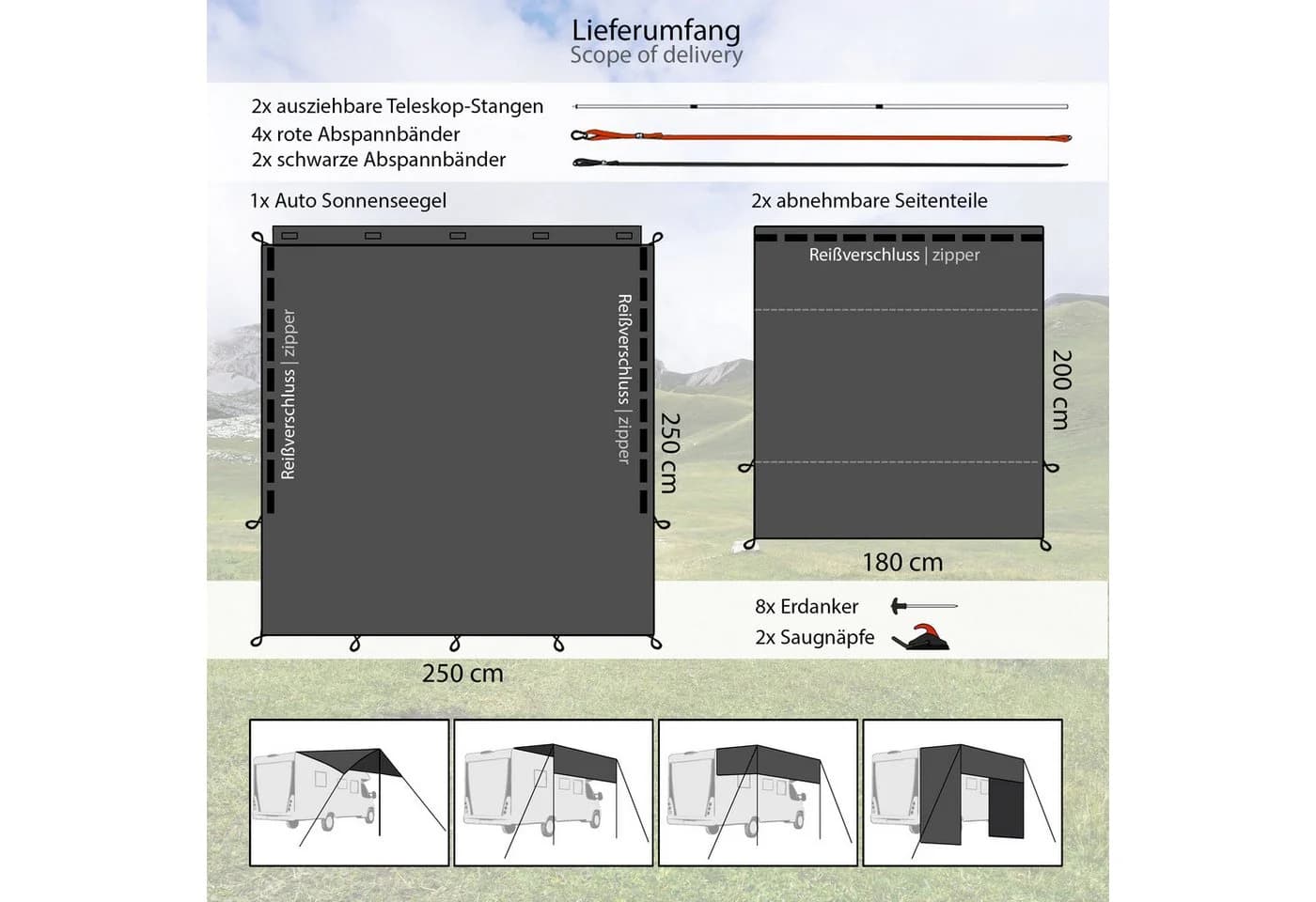 ONVAYA Auto-Sonnensegel Grau Wasserdicht 6 Aufbauvarianten
