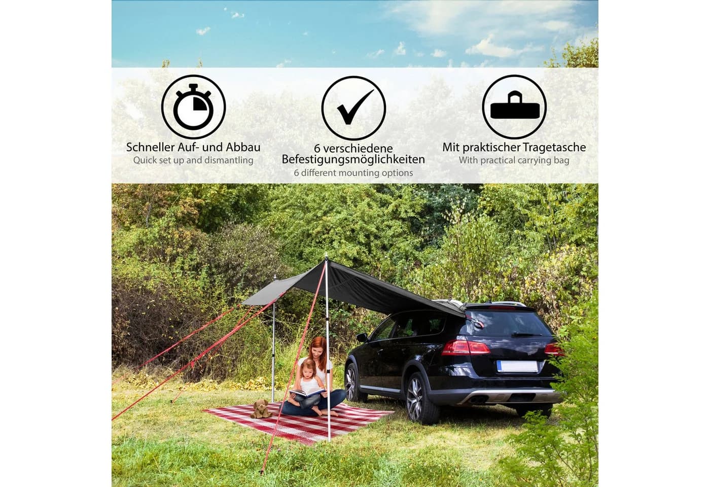 ONVAYA Auto-Sonnensegel Grau Wasserdicht 6 Aufbauvarianten - Bild 3