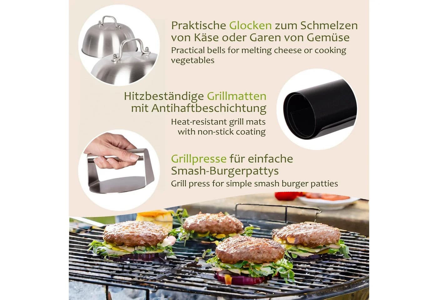 ONVAYA Burgerpresse-Set 8-tlg. mit Grillmatte & Schmelzglocke - Bild 4
