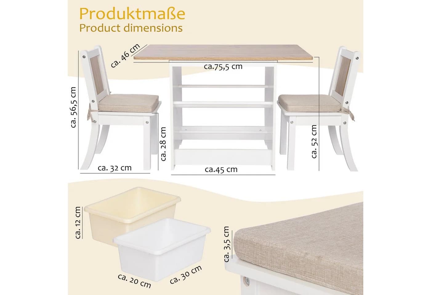 ONVAYA Kindertisch-Set mit Stühlen und Stauraum Weiß/Holzoptik