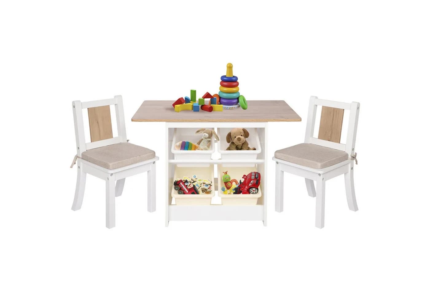 ONVAYA Kindertisch-Set mit Stühlen und Stauraum Weiß/Holzoptik - Bild 2