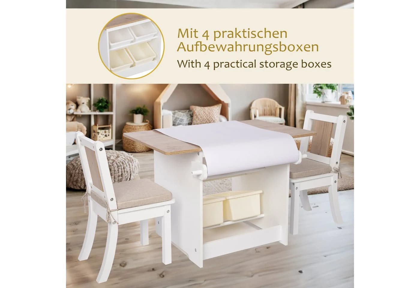ONVAYA Kindertisch-Set mit Stühlen und Stauraum Weiß/Holzoptik - Bild 3