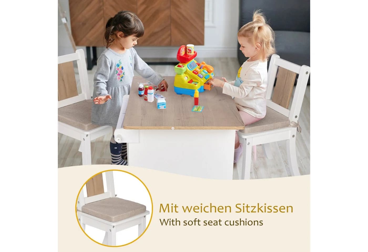 ONVAYA Kindertisch-Set mit Stühlen und Stauraum Weiß/Holzoptik - Bild 5