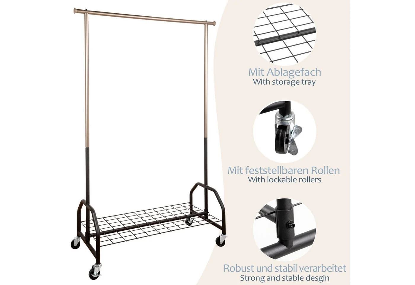 ONVAYA Kleiderständer mit Abdeckung 100kg Traglast Rollen Bronze - Bild 5