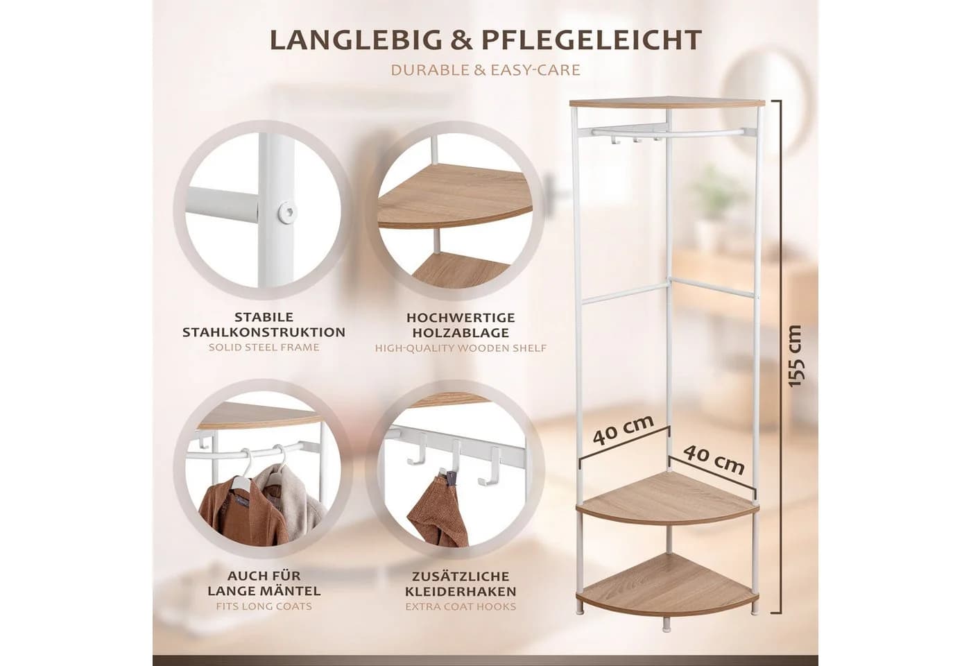 ONVAYA Eckgarderobe mit Kleiderstange und Ablage Weiß - Bild 5