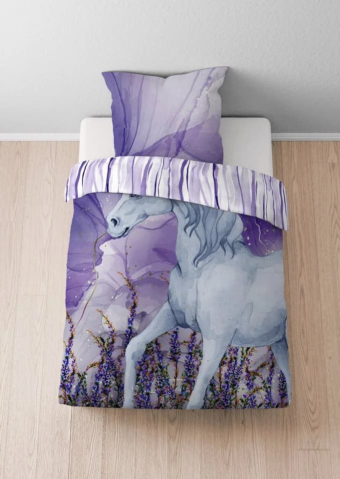 Wendebettwäsche "0400910" Einhorn-Motiv Violett Baumwolle