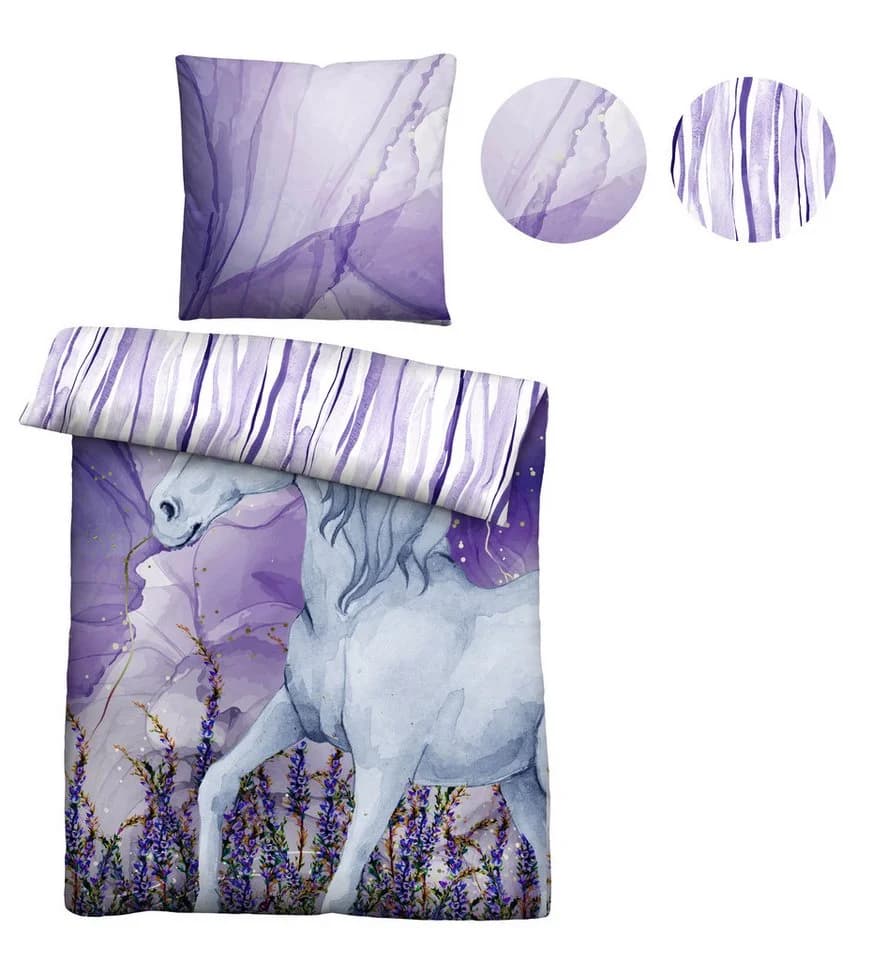 Wendebettwäsche "0400910" Einhorn-Motiv Violett Baumwolle - Bild 3