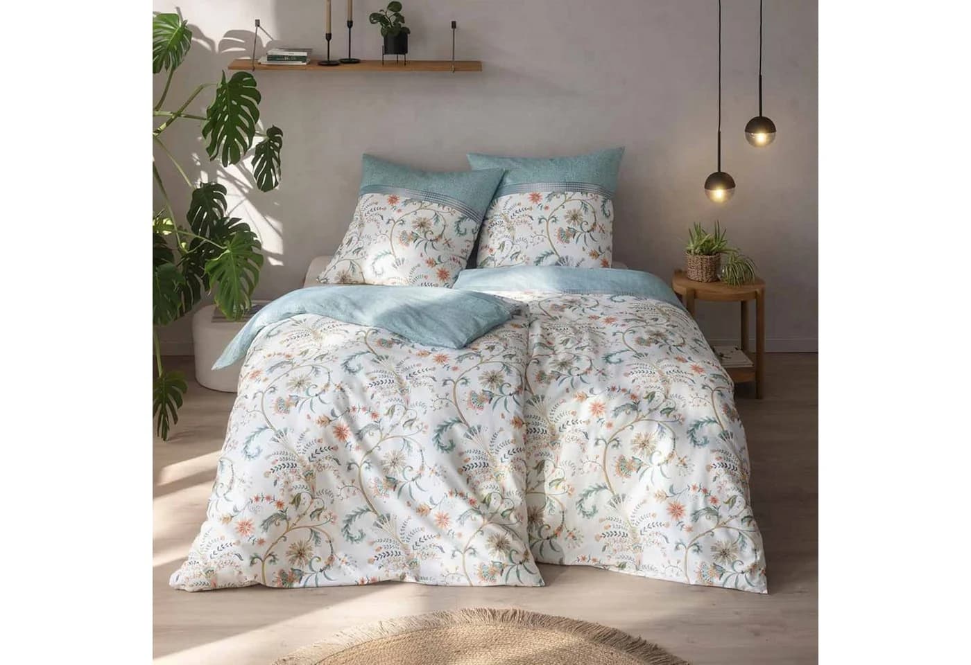 Estella Bio Mako Satin Bettwäsche 135x200 Leia azur Blüten Ranken - Bild 2