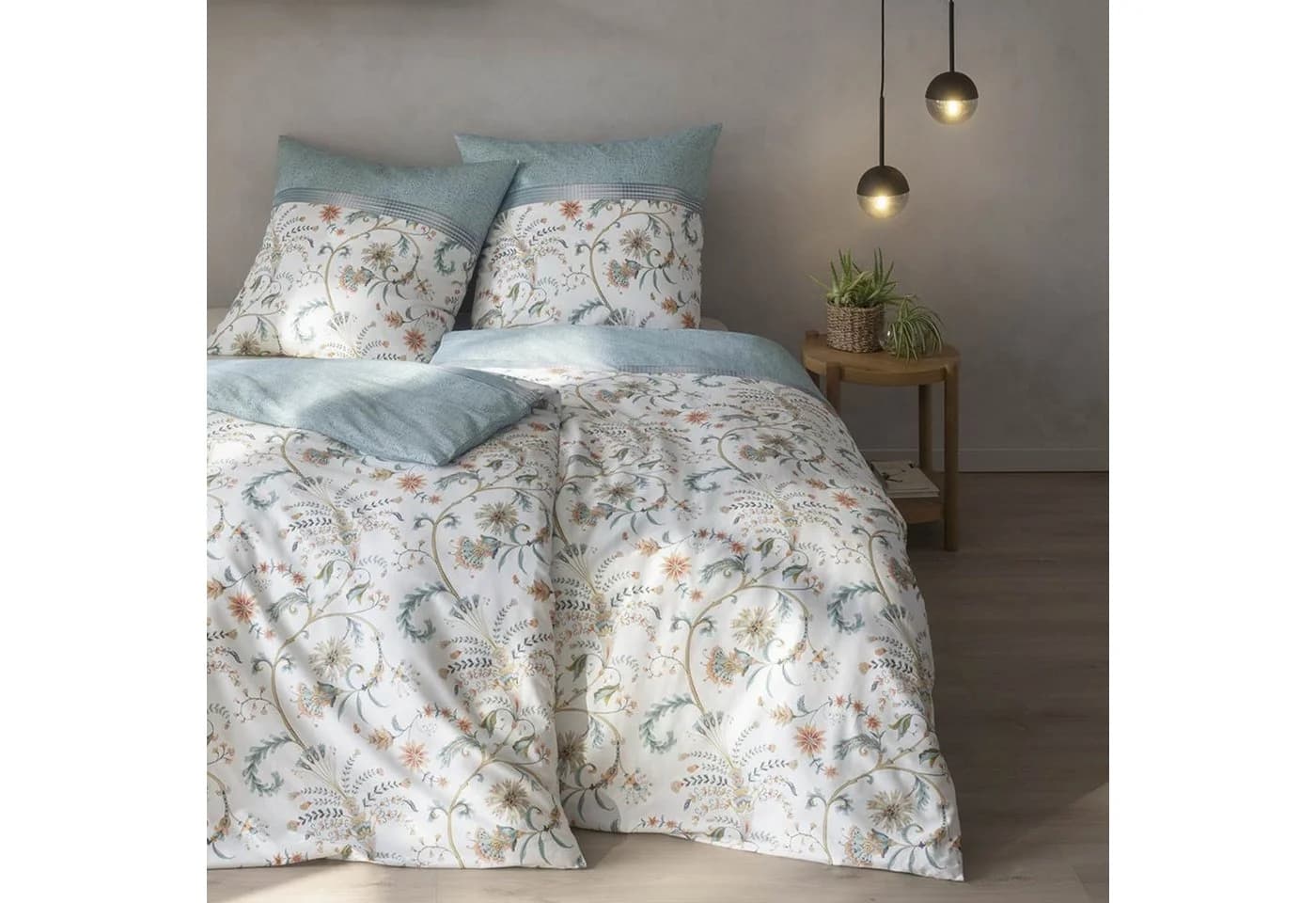 Estella Bio Mako Satin Bettwäsche 135x200 Leia azur Blüten Ranken - Bild 5