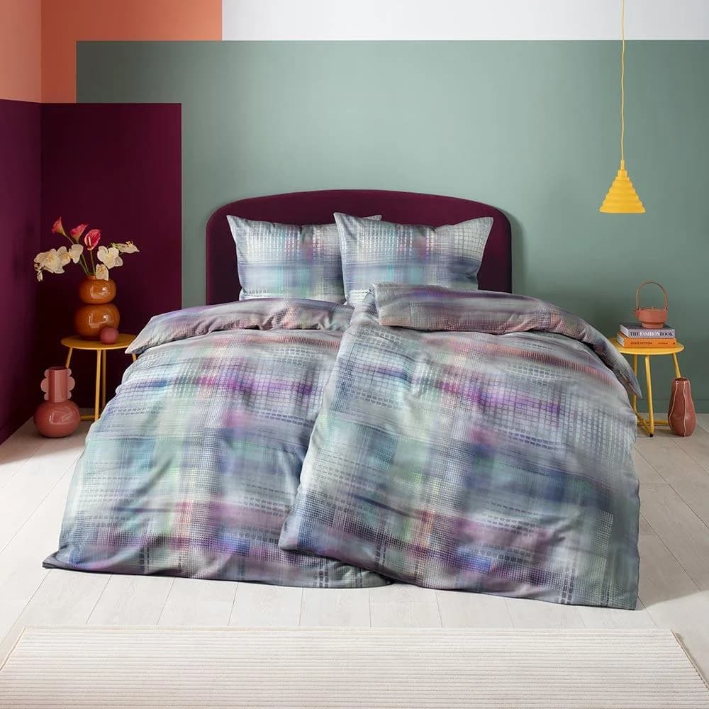 Estella Mako-Satin Bettwäsche 135x200 Pixie Pixel Mosaik grau lila