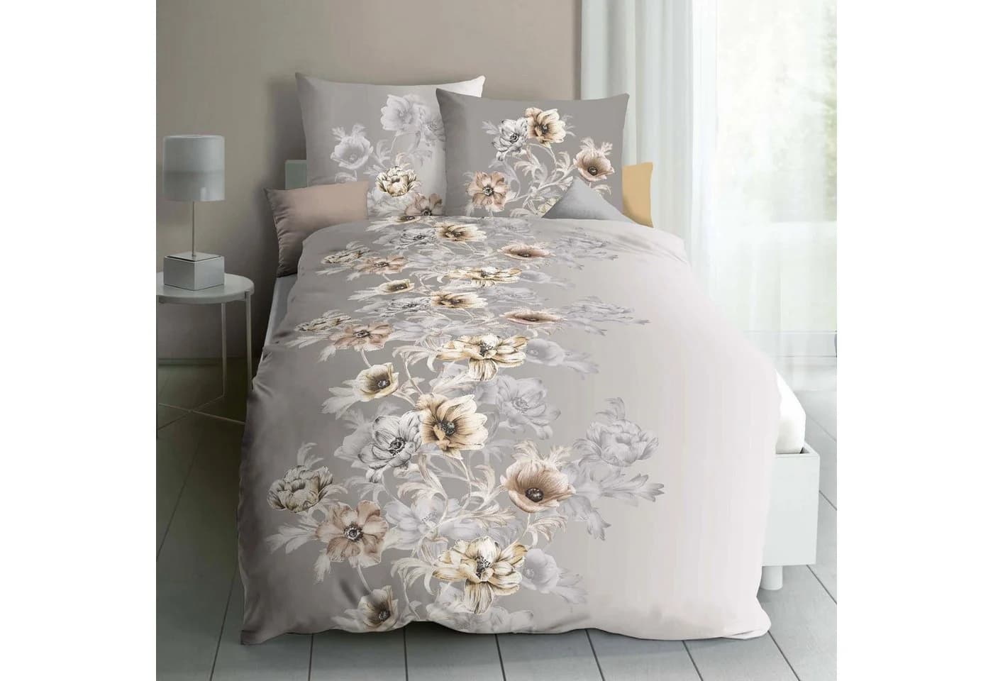 Kaeppel Bettwäsche 135x200cm Victoria Blumen Kiesel Grau, Biber, 2 teilig, tolles Blumen-Motiv in grauer Eleganz