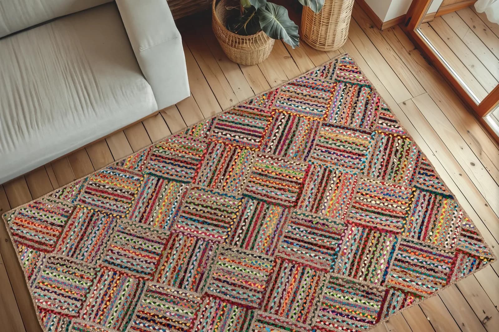 Traditioneller Handgeknüpfter Teppich aus Baumwolle und Jute