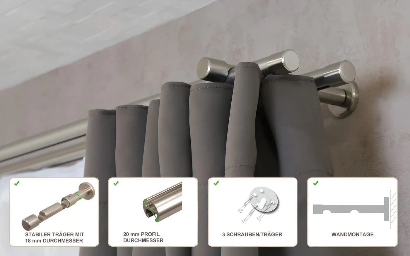 iso-design 2-läufige Gardinenstange Innenlauf Edelstahl Optik Aluminium - Bild 3