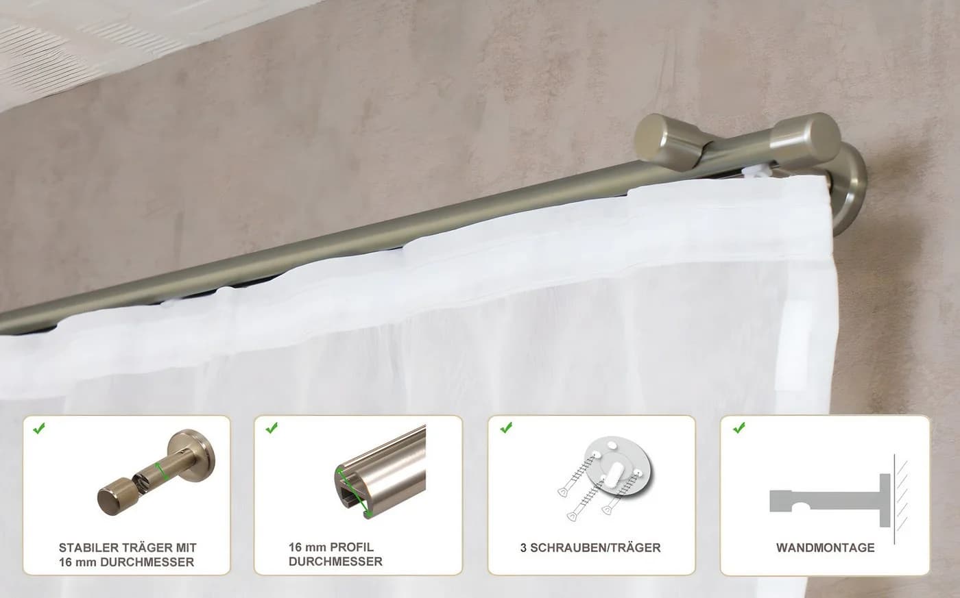 iso-design Gardinenstange Innenlauf 16 mm Edelstahloptik Aluminium - Bild 3