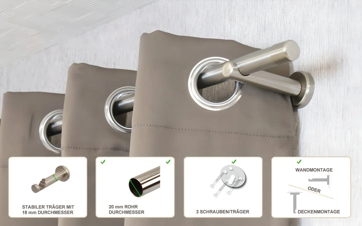 iso-design Gardinenstange 20 mm Edelstahl Fixmaß