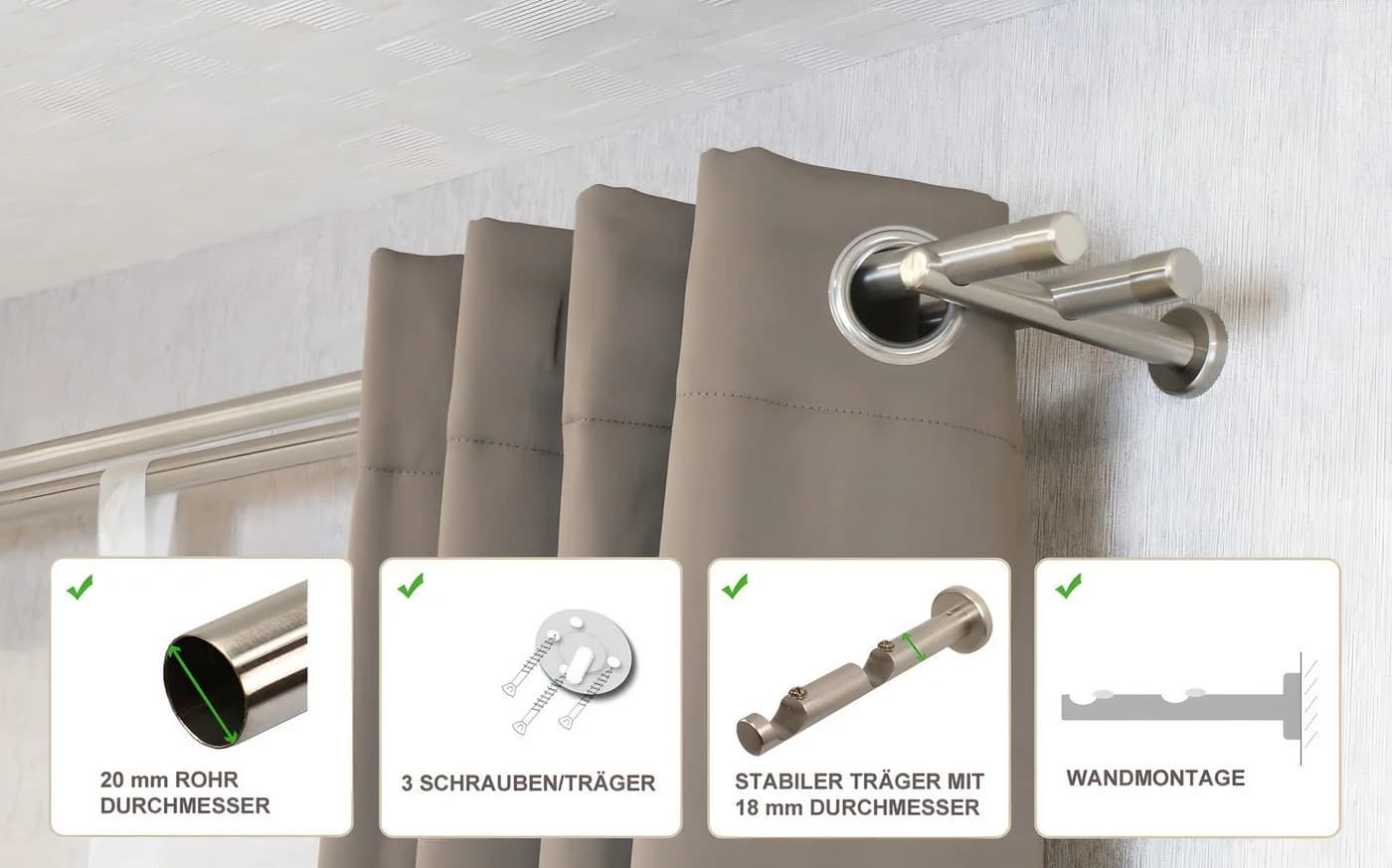 iso-design Gardinenstange 20 mm 2-läufig Edelstahl Wandmontage