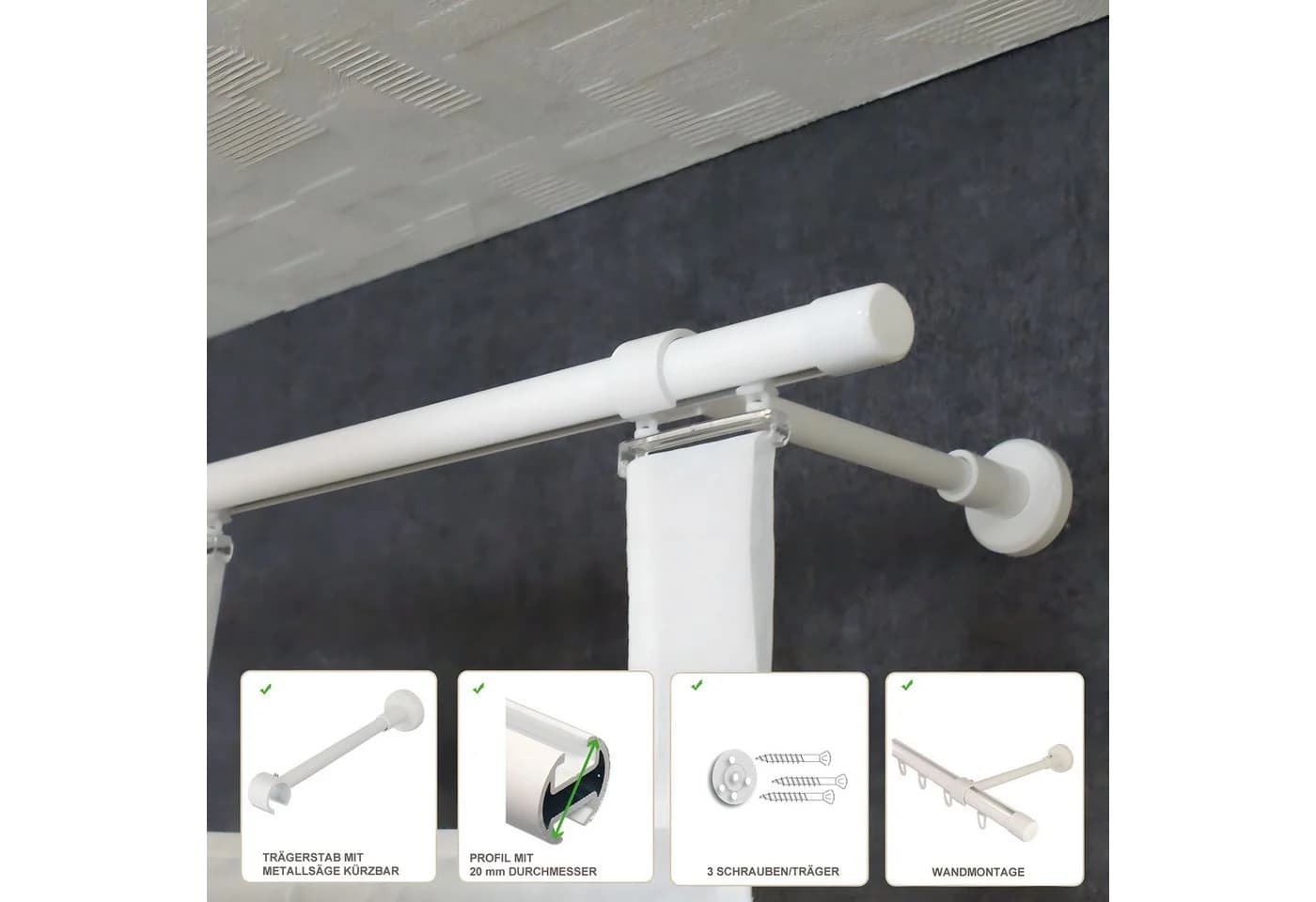 iso-design Gardinenstange Innenlaufset Weiß Aluminium 1-läufig - Bild 3