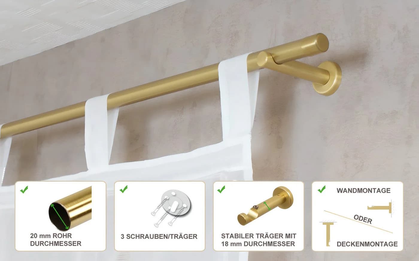 iso-design Gardinenstange Messing Matt 20 mm Aluminium Wand- oder Deckenmontage