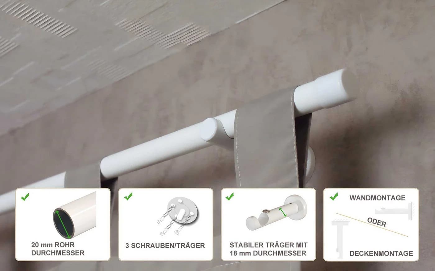 iso-design Gardinenstange 20 mm Schwarz/Weiß Aluminium Wand- oder Deckenmontage