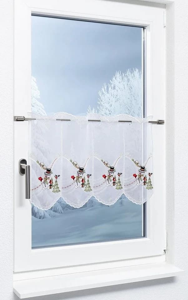 Plauener Spitze® Scheibengardine Schneemann Weihnachtsz. Transparent