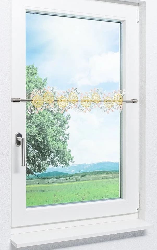 Plauener Spitze® Scheibengardine Blumenbordüre Bunt Transparent