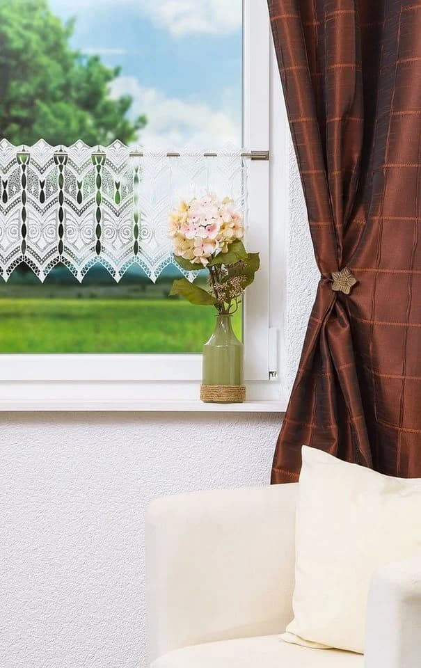 Plauener Spitze® Scheibengardine Transparent Weiß Abstrakt
