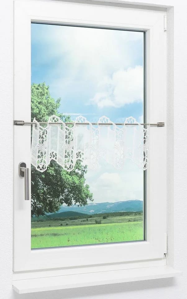 Plauener Spitze® Scheibengardine Ginkgoblätter Transparent Weiß
