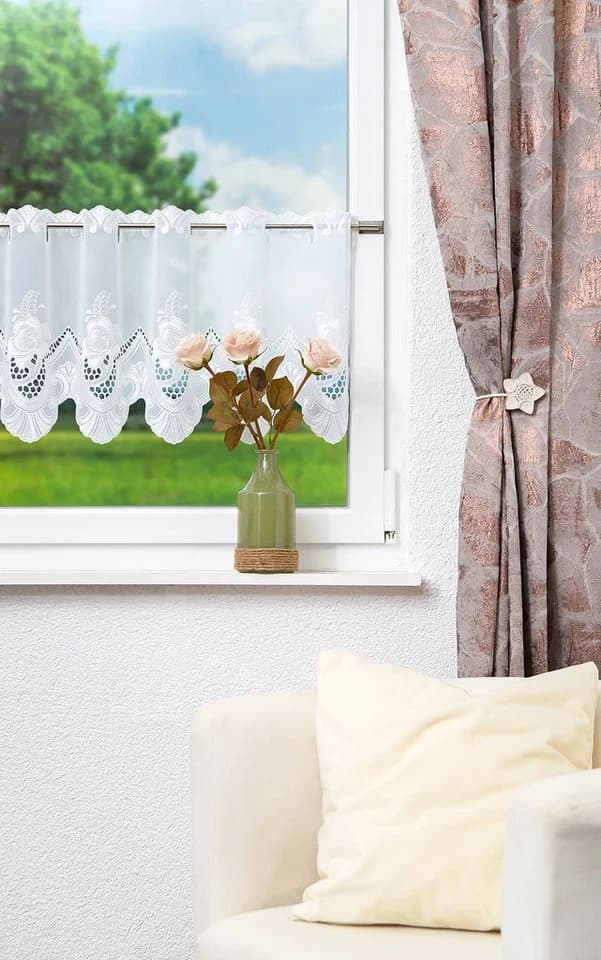 Plauener Spitze® Scheibengardine Röschen Transparent Weiß