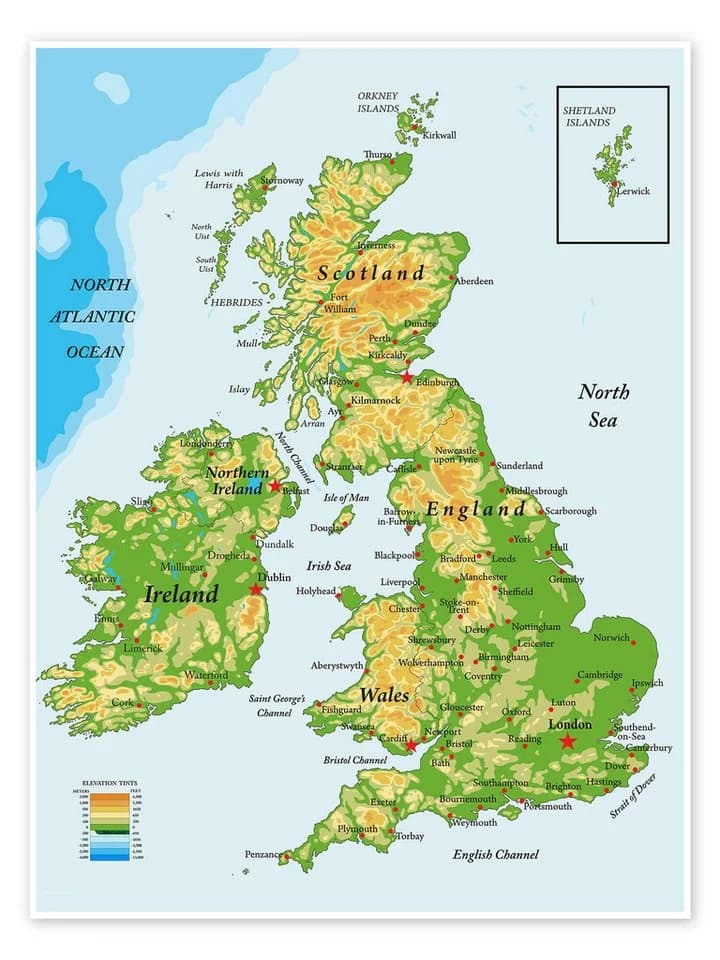 Posterlounge Wandbild Topografische Karte Großbritannien & Irland - Bild 2