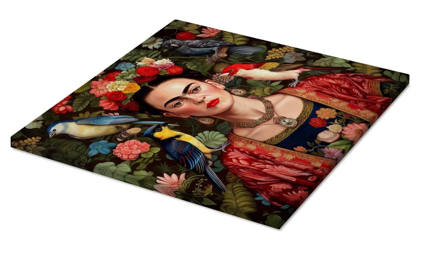 Posterlounge Leinwandbild Frida Kahlo mit exotischen Vögeln