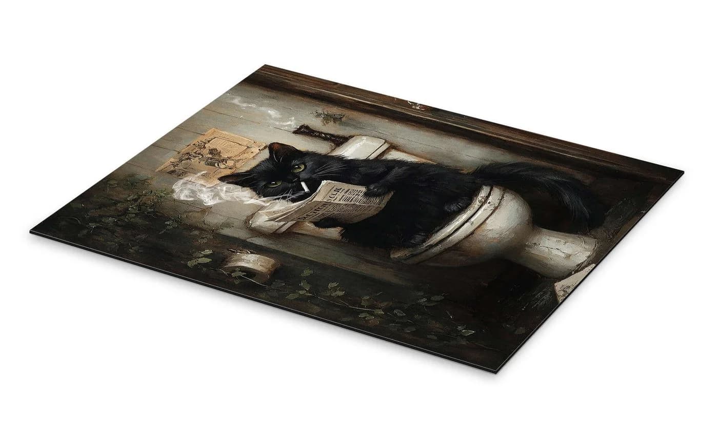 Posterlounge Alubild Rauchende Katze liest Zeitung auf Toilette Olga Telnova